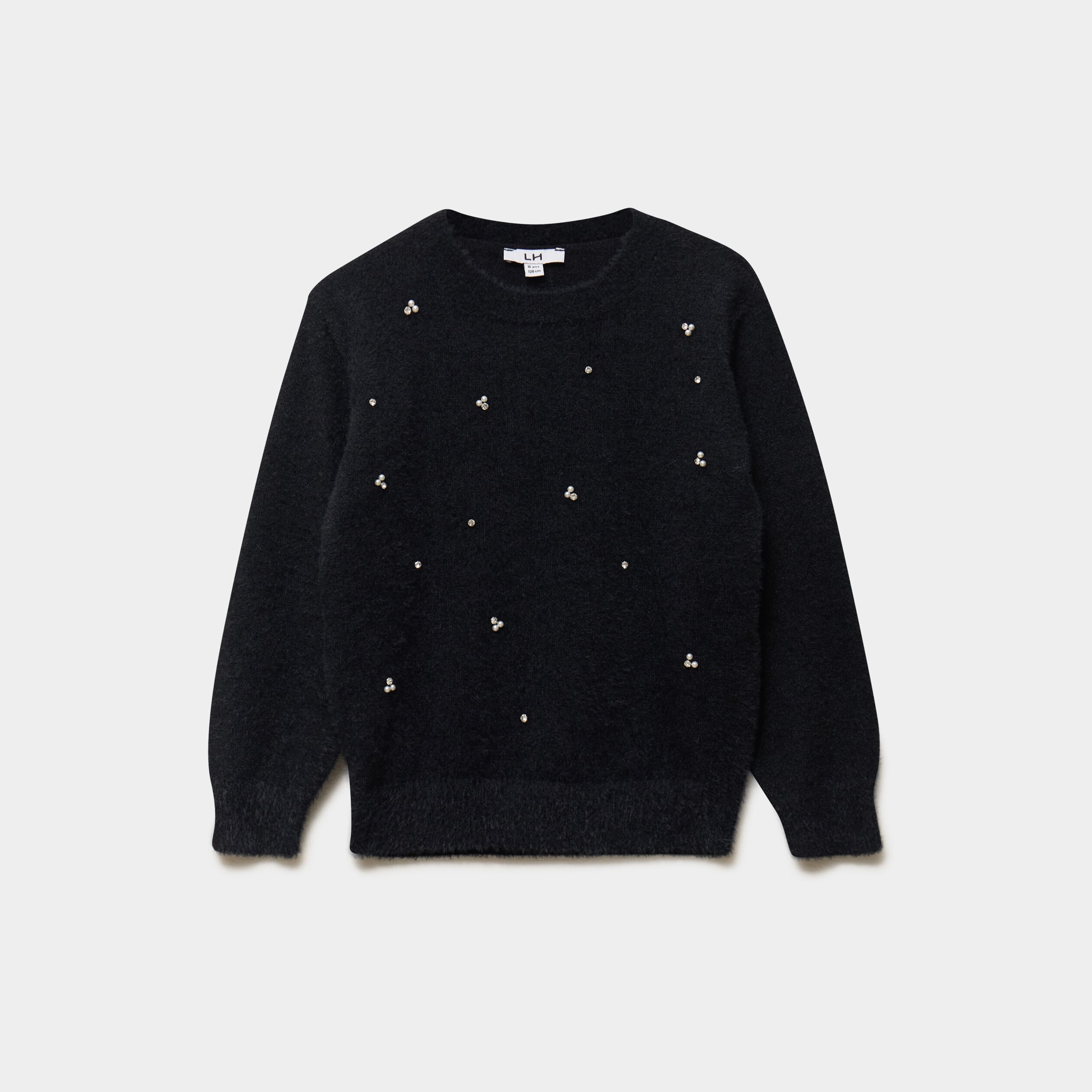 Pull droit col rond &agrave; strass et perles noir fille