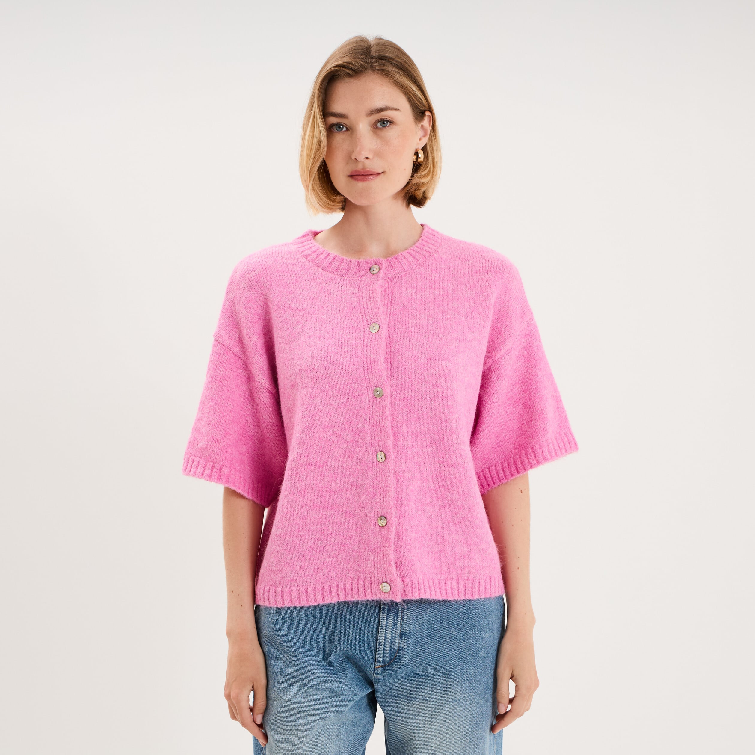 Gilet boutonn&eacute; manches courtes col rond rose femme