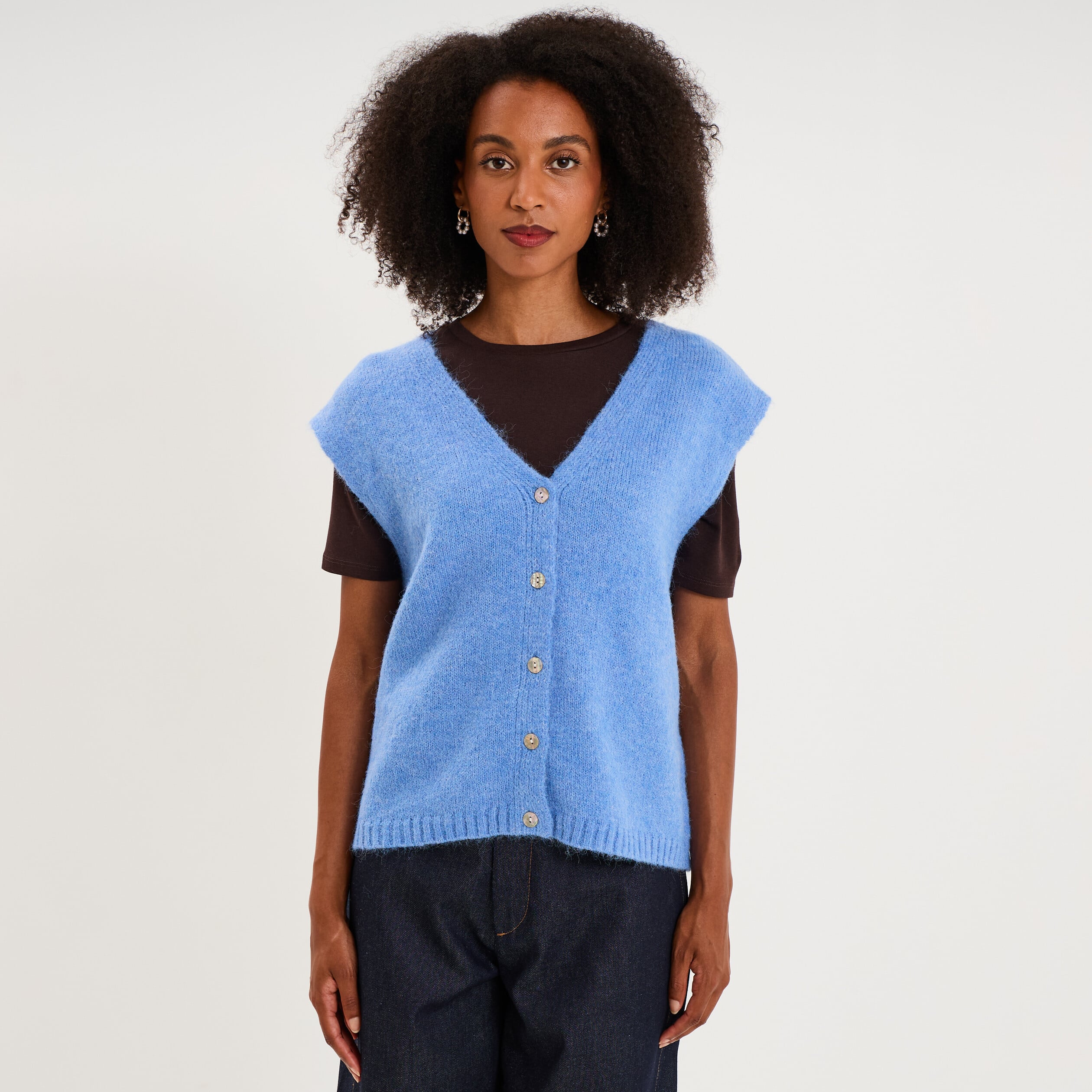 Gilet sans manches col V boutonn&eacute; bleu electrique femme