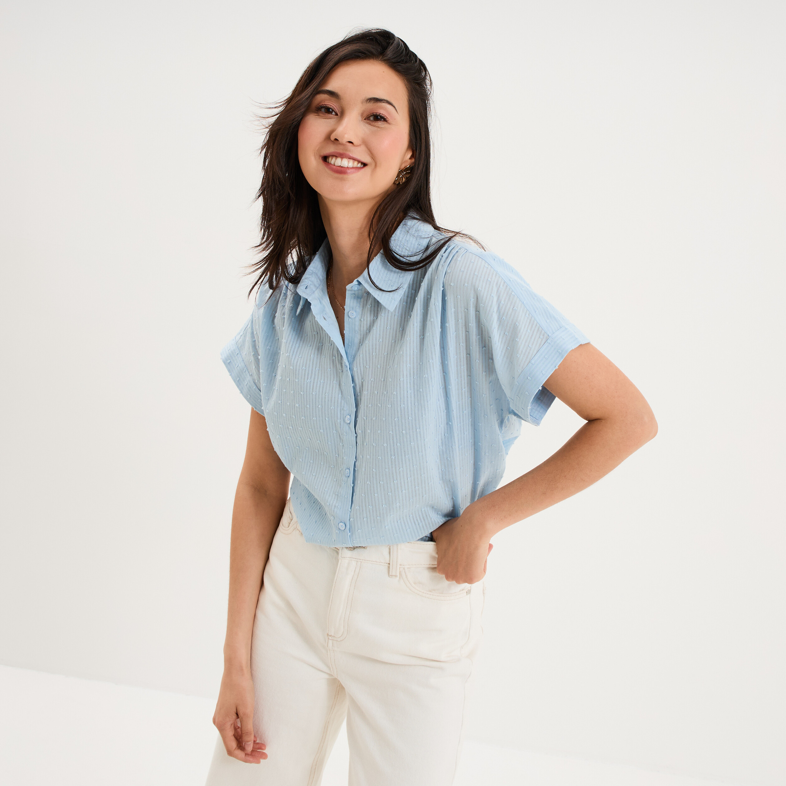 Chemise manches courtes coton bleu clair femme
