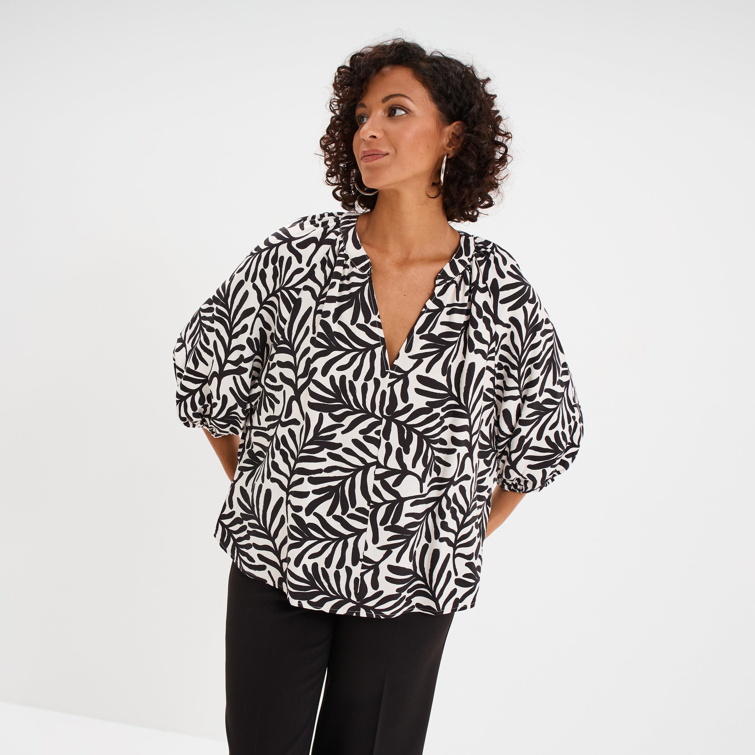 Blouse manches 3/4 ballons col tunisien blanc femme