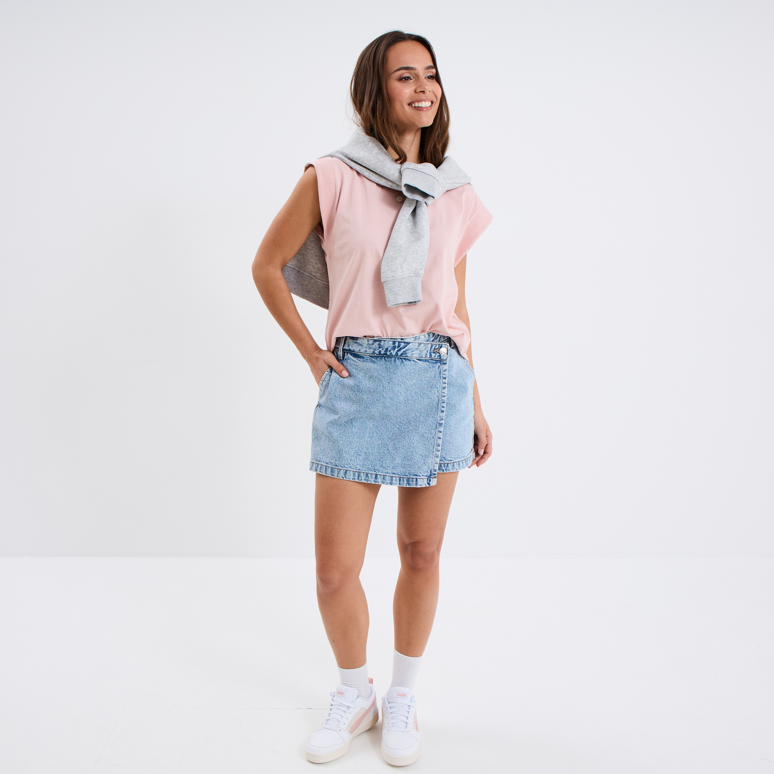 Jupe-short en jean coton denim bleach femme