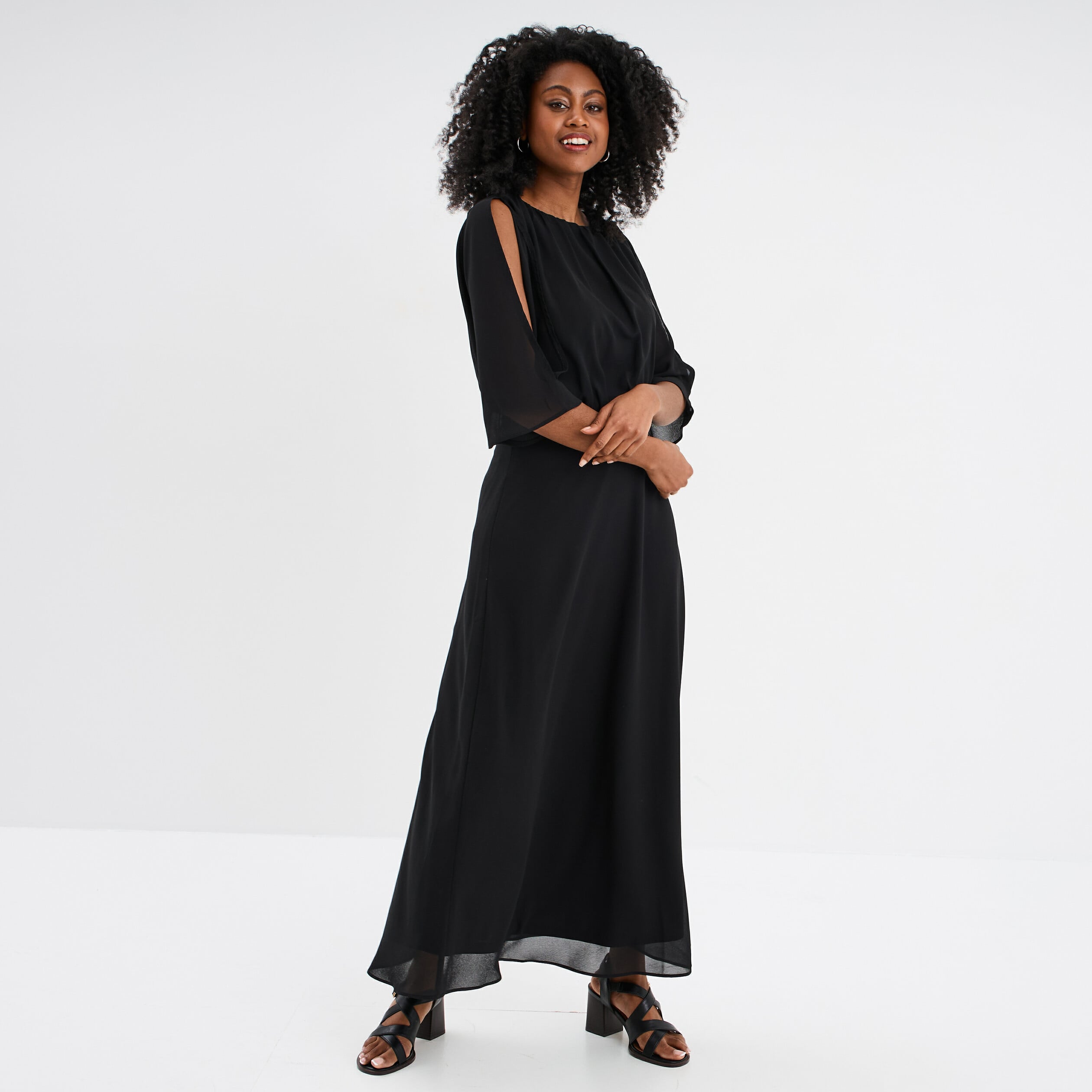 Robe longue manches 3/4 fendues noir femme