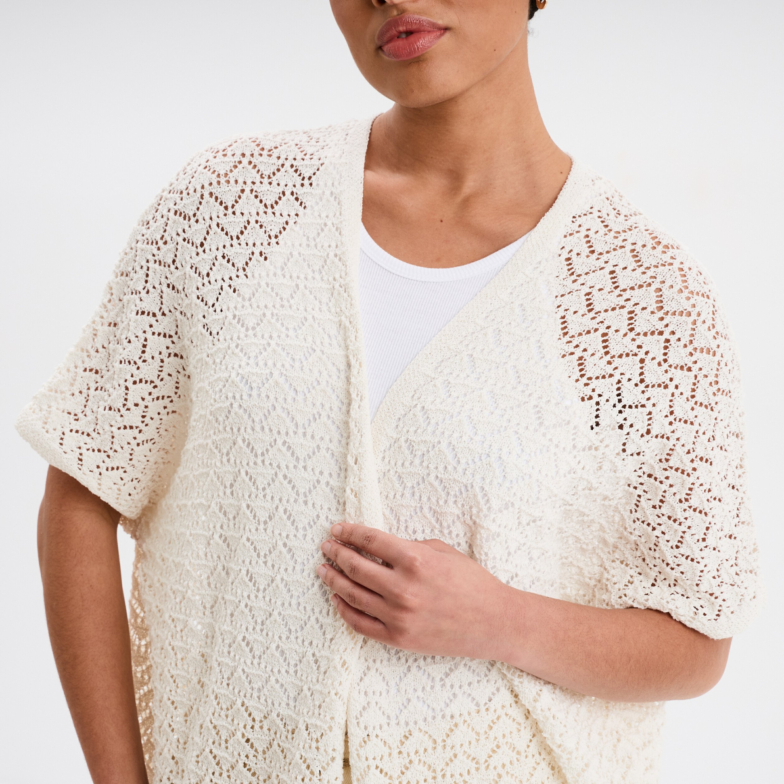 gilet mi long ajoure a franges blanc femme Gilet mi-long ajouré à franges blanc femme