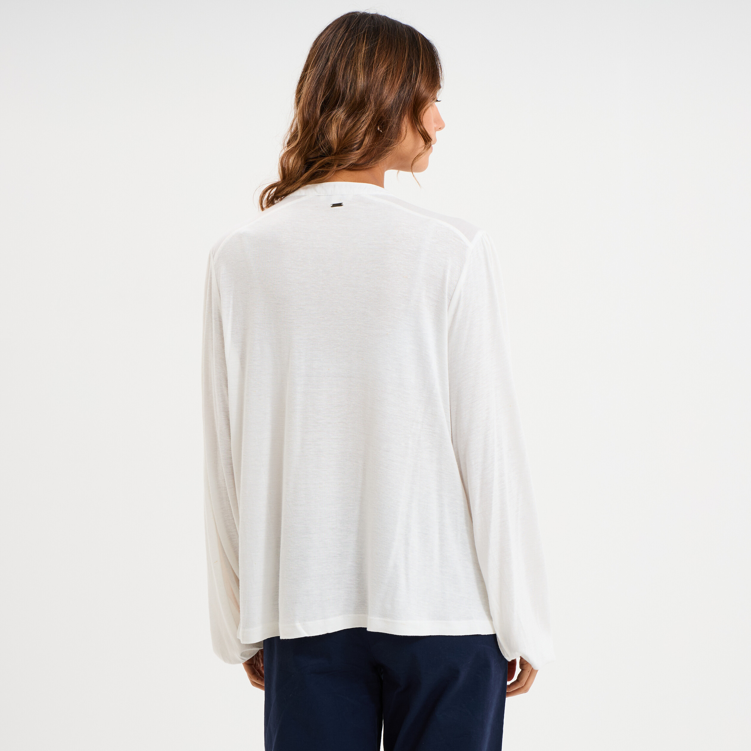 Blouse col tunisien m&eacute;lange lin blanc femme