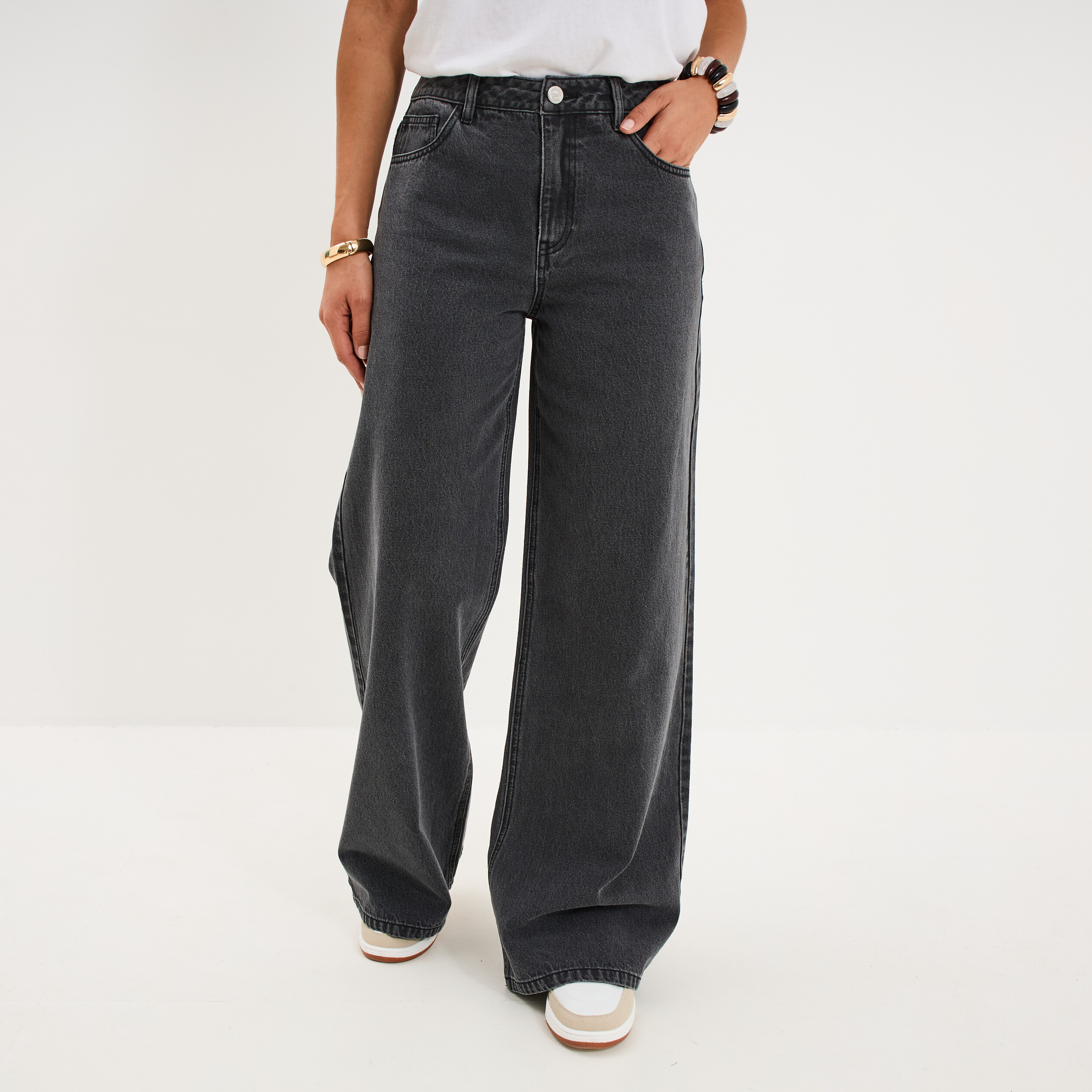 Jeans extra wide leg taille haute denim noir femme