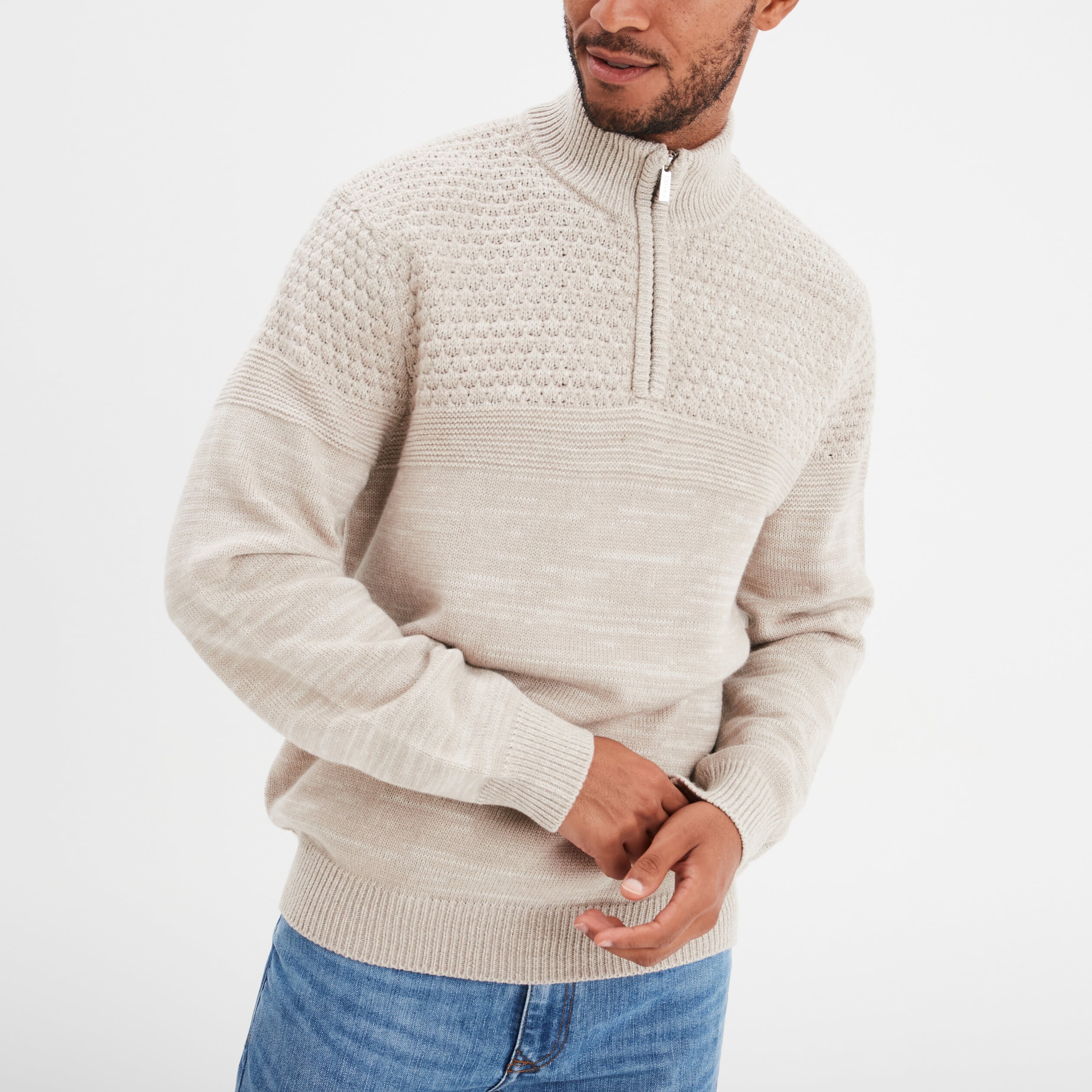 Pull col camionneur zipp&eacute; gris clair homme