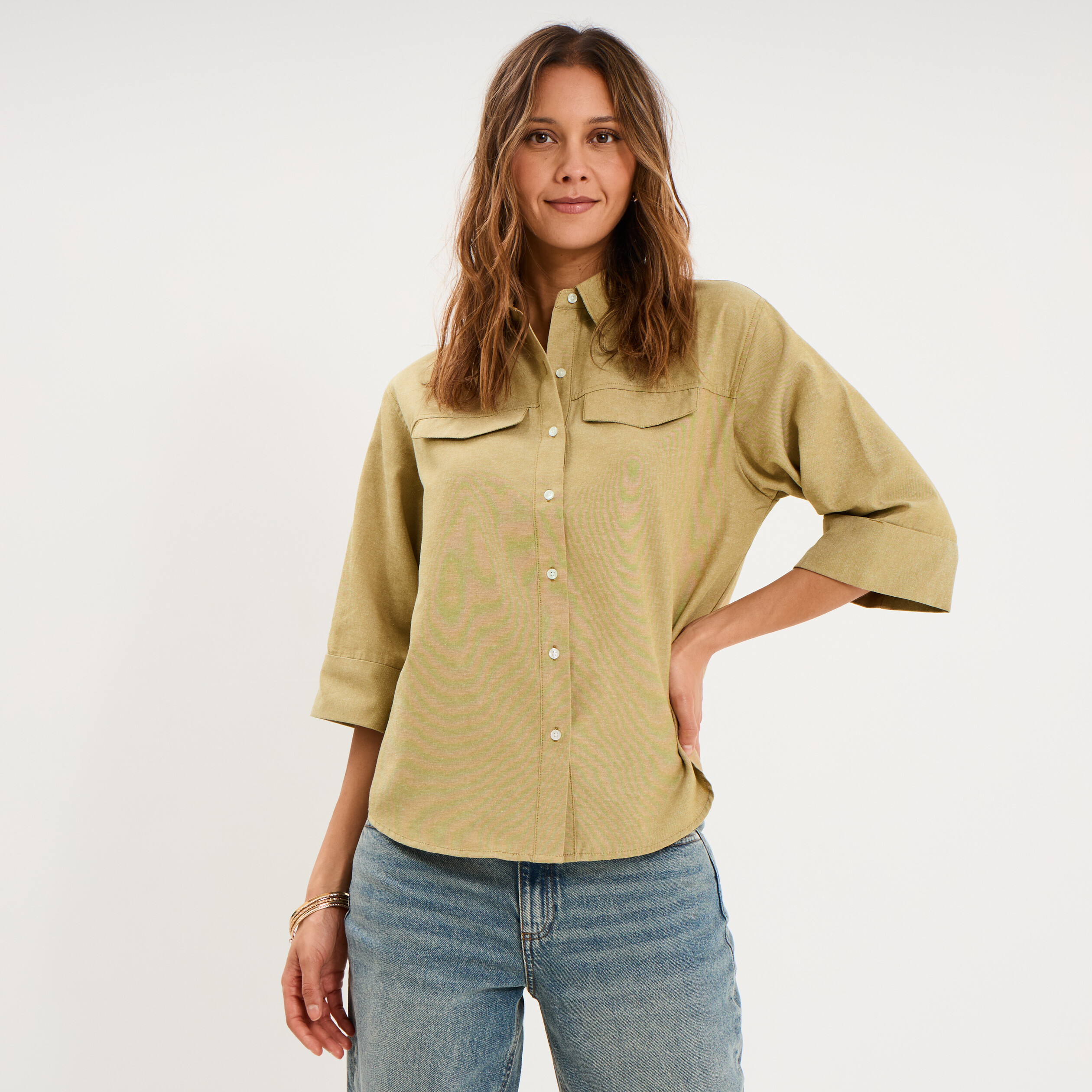 Chemise manches 3/4 poches poitrine vert olive femme