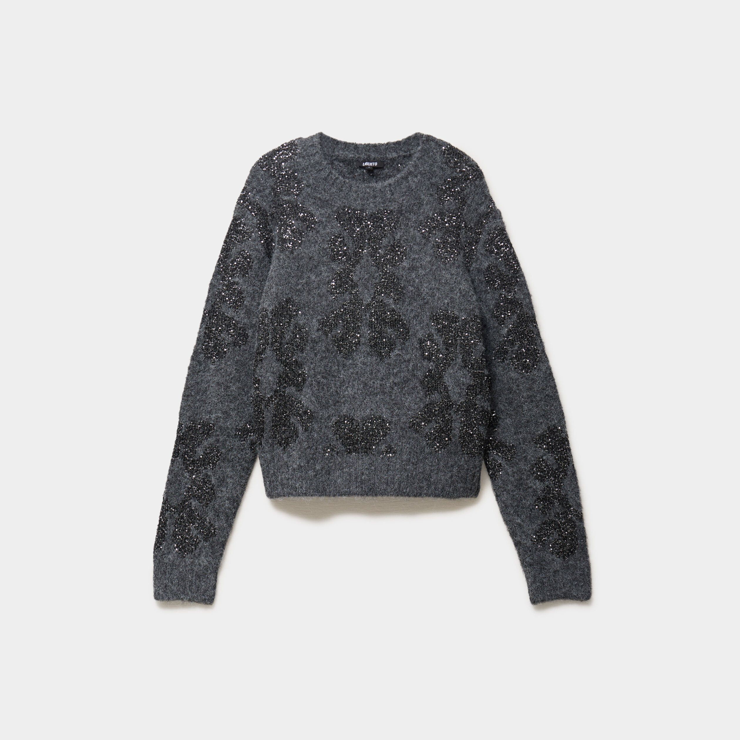 Pull &agrave; sequins et col rond gris fonc&eacute; femme