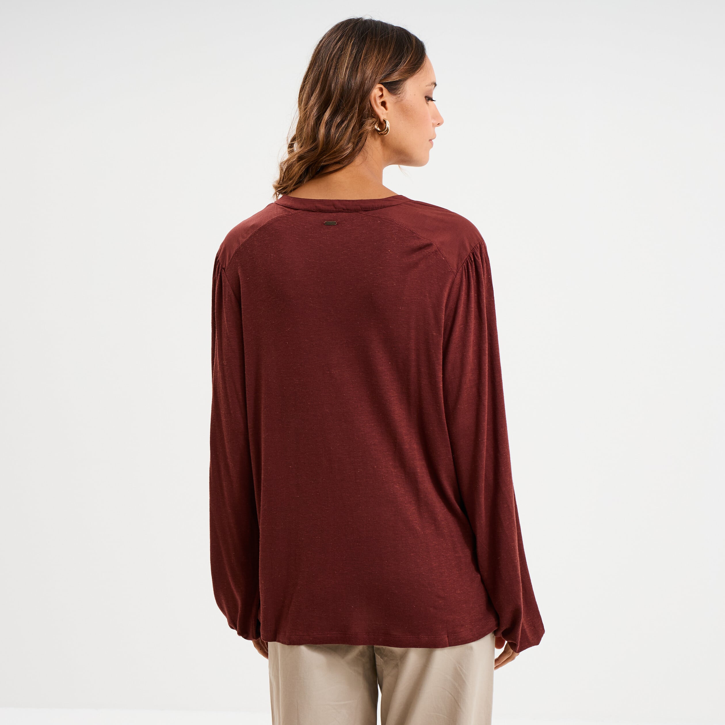 Blouse col tunisien m&eacute;lange lin marron femme