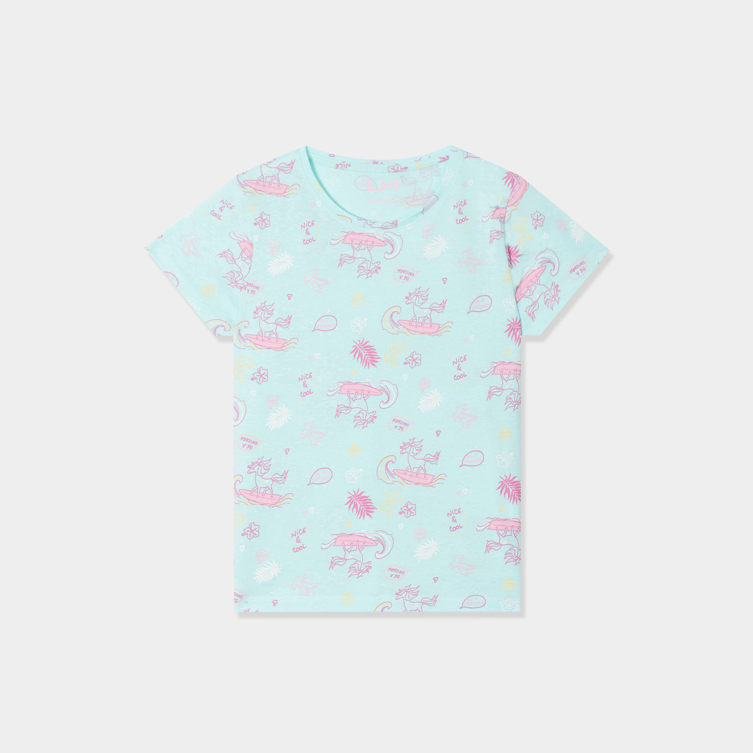 T-shirt col rond manches courtes coton bleu clair fille
