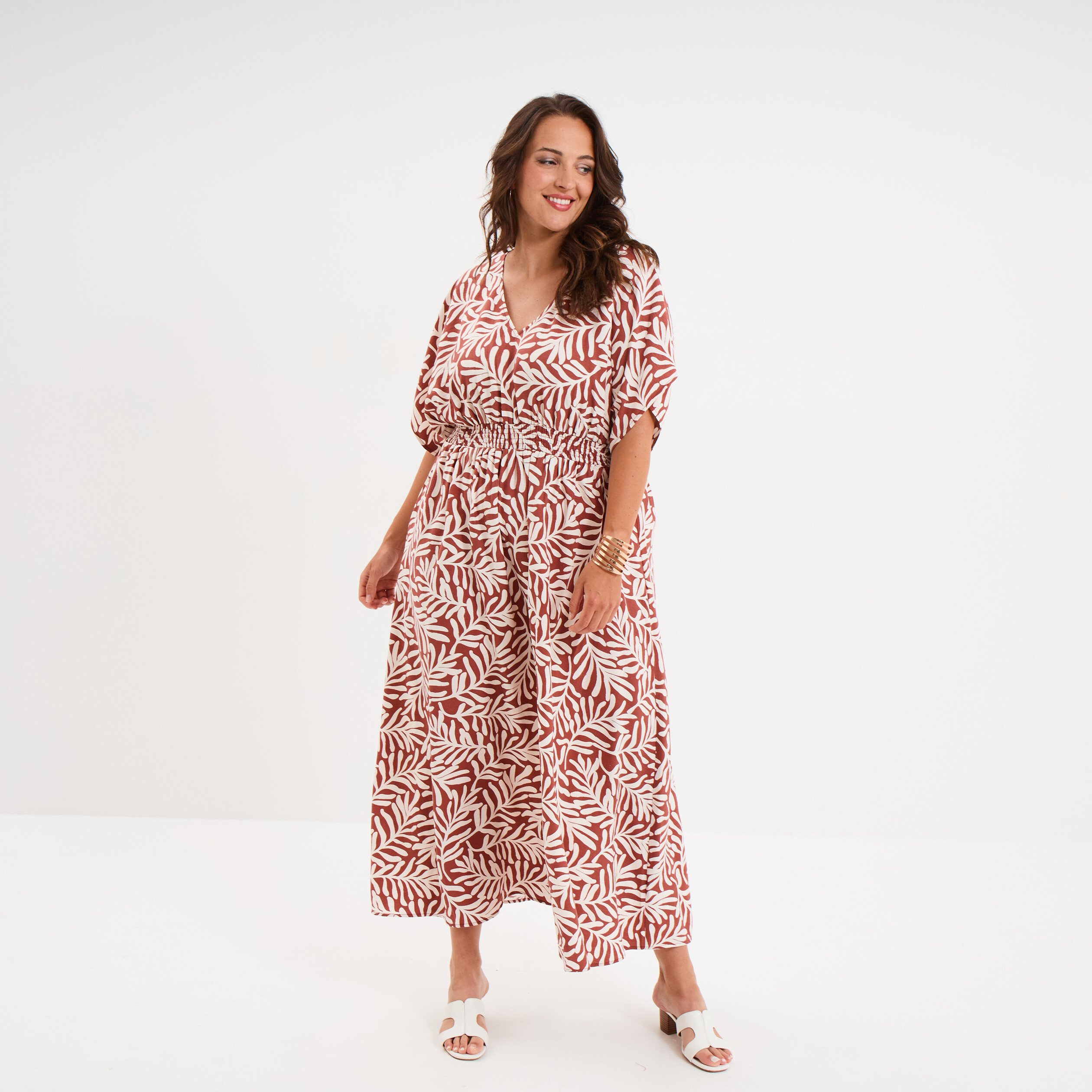 robe longue fluide manches 34 terracotta femmegt Robe longue fluide manches 3/4 terracotta femme grande taille