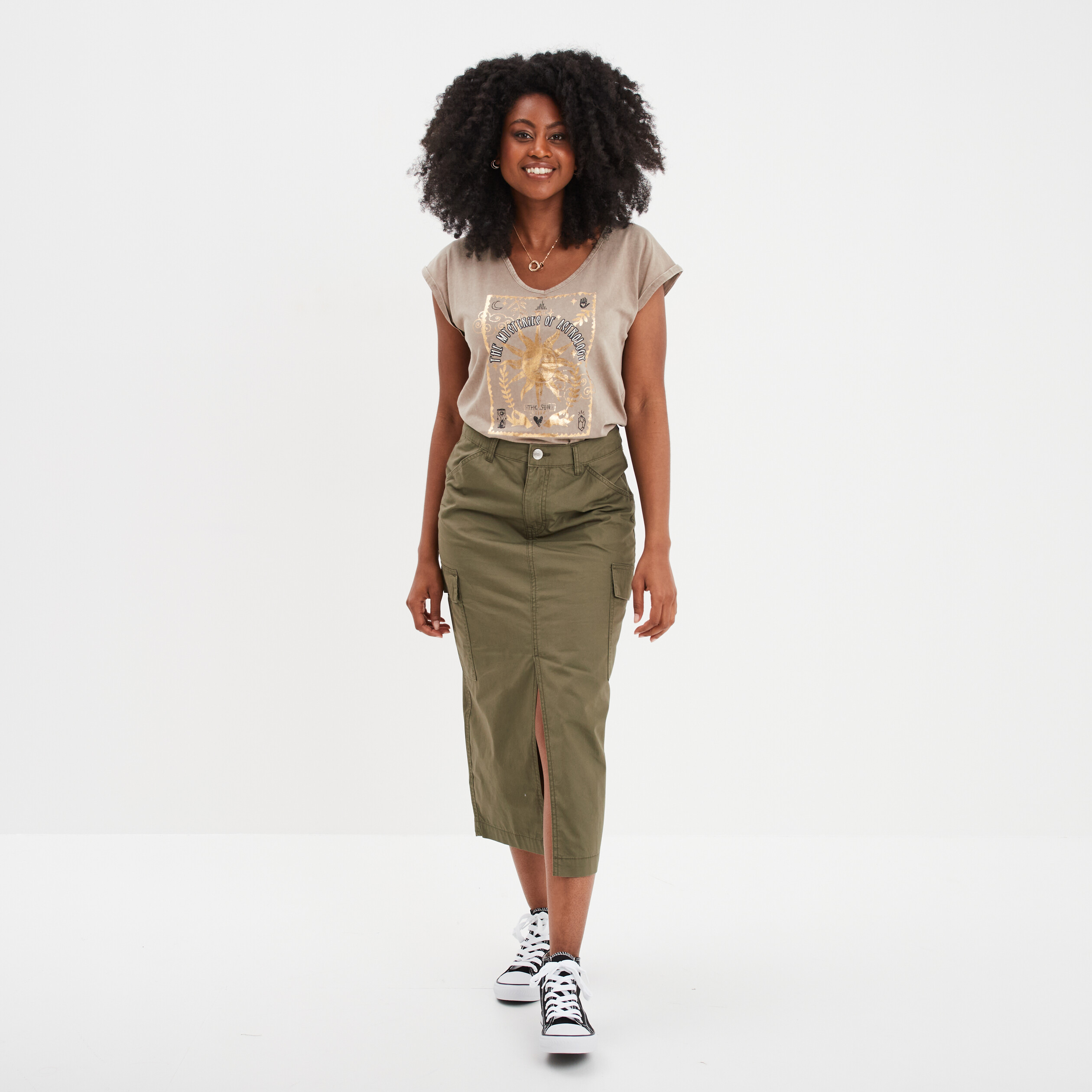 Jupe longue cargo coton vert kaki femme