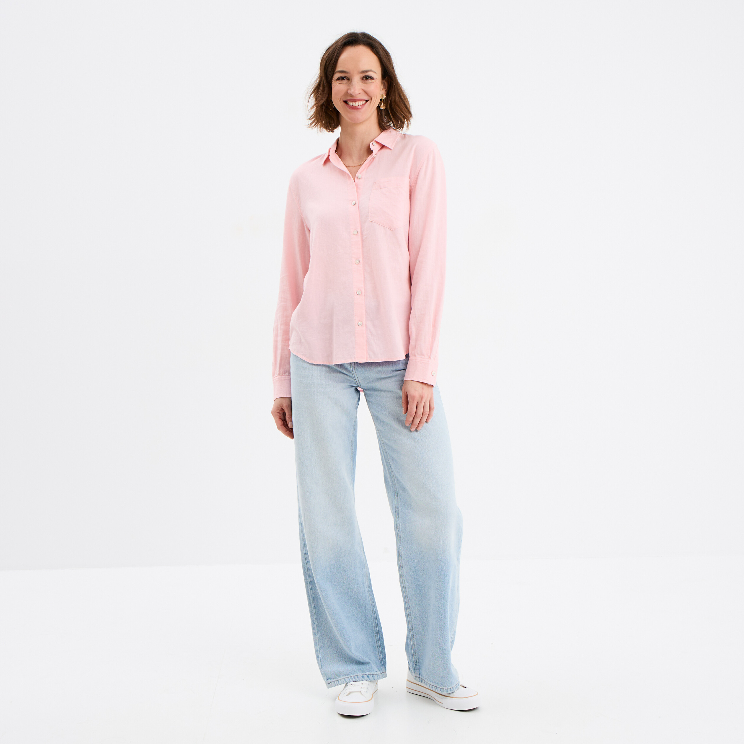 chemise lin melange manches longues rose clair femme Chemise lin mélangé manches longues rose clair femme