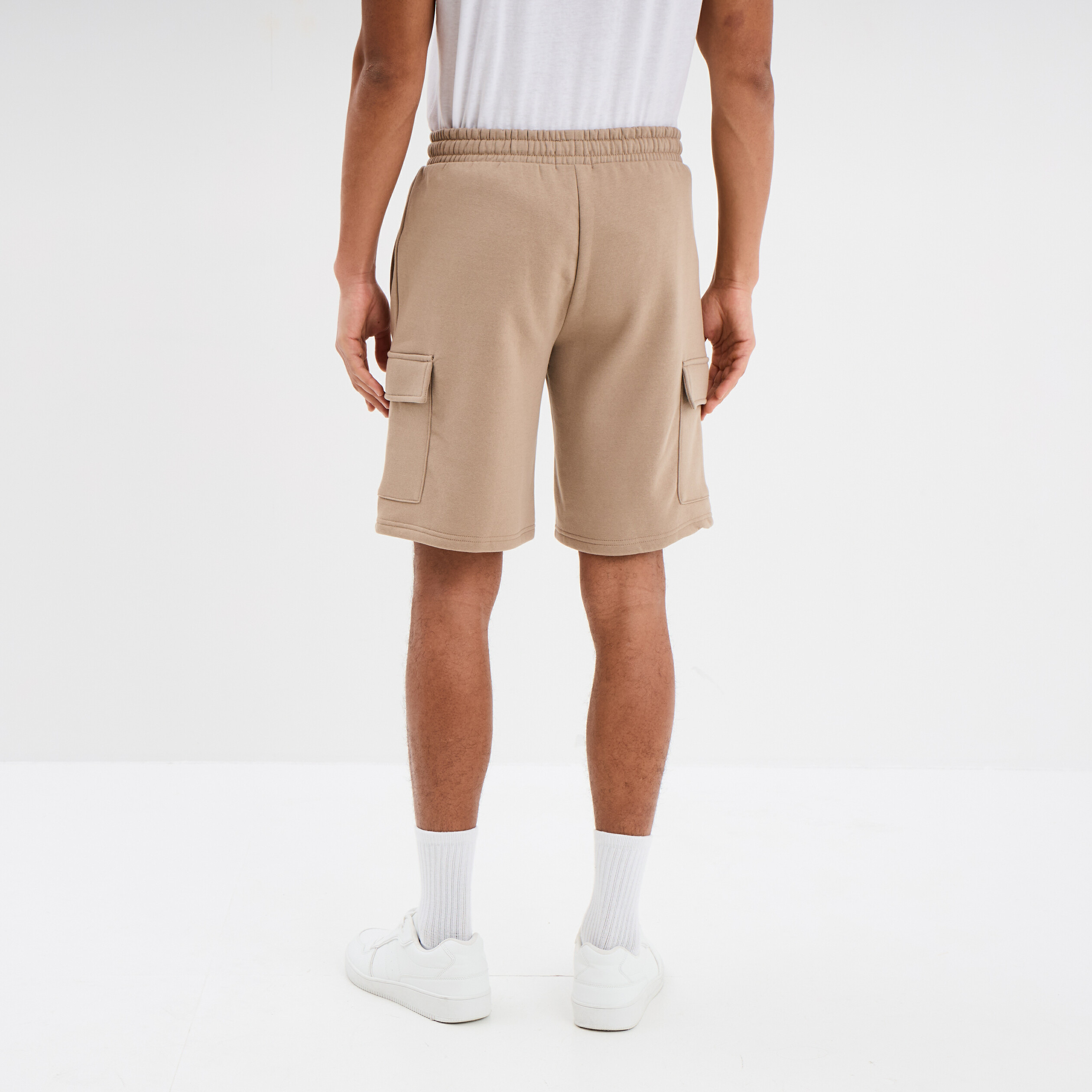 Bermuda cargo molleton taille &eacute;lastiqu&eacute;e taupe homme