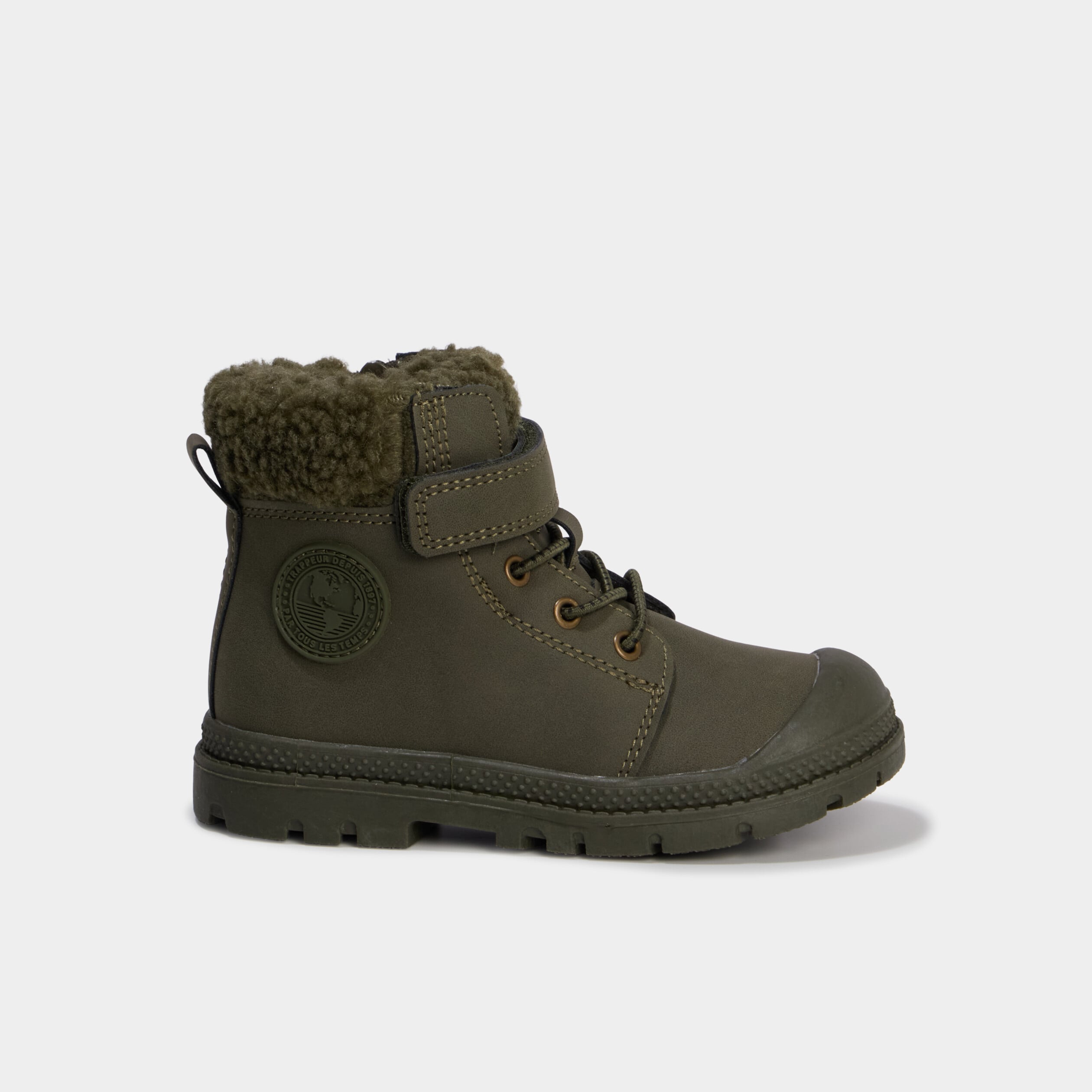 Boots crant&eacute;es doublure effet polaire vert kaki gar&ccedil;on