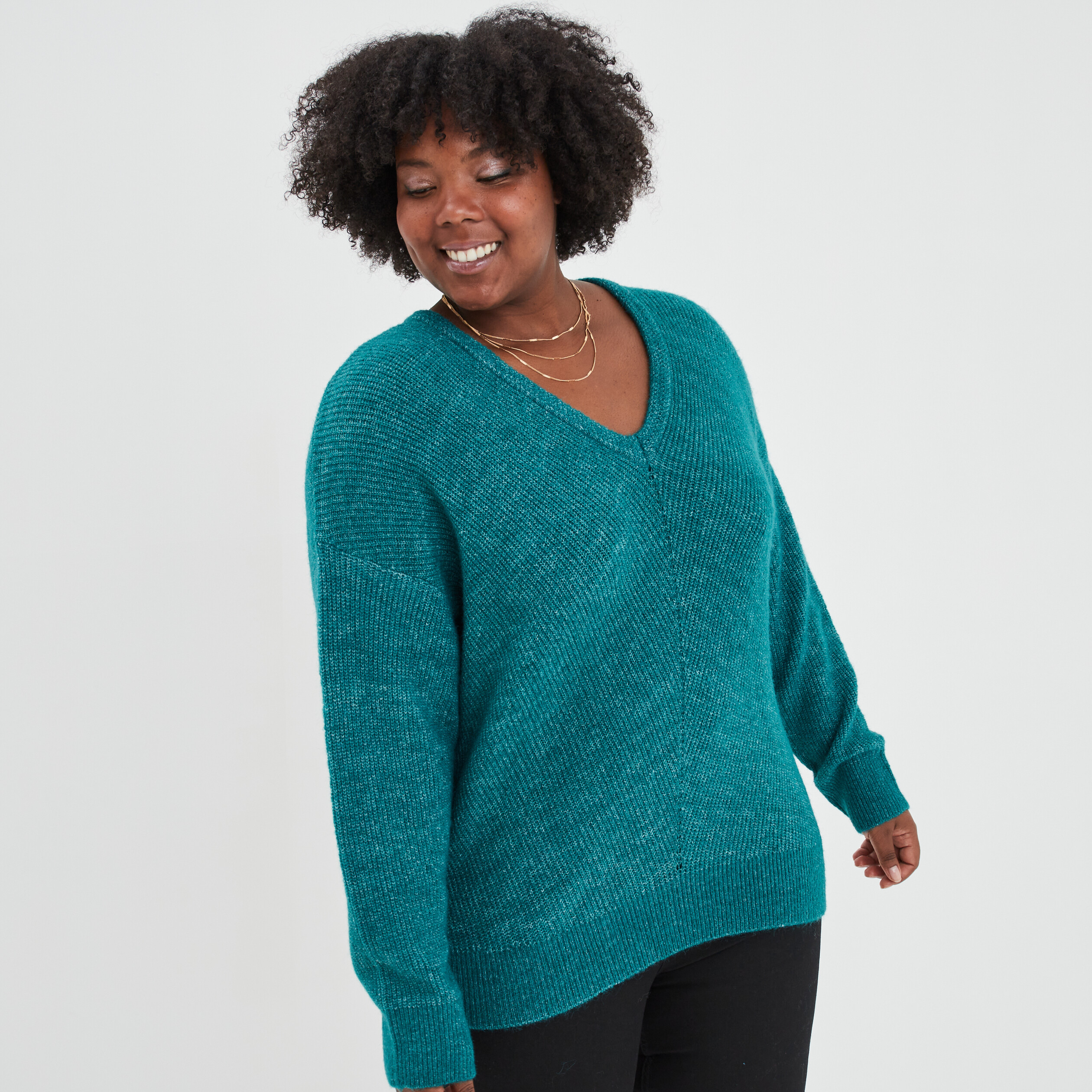 Pull manches chauves-souris col en V bleu canard femme grande taille
