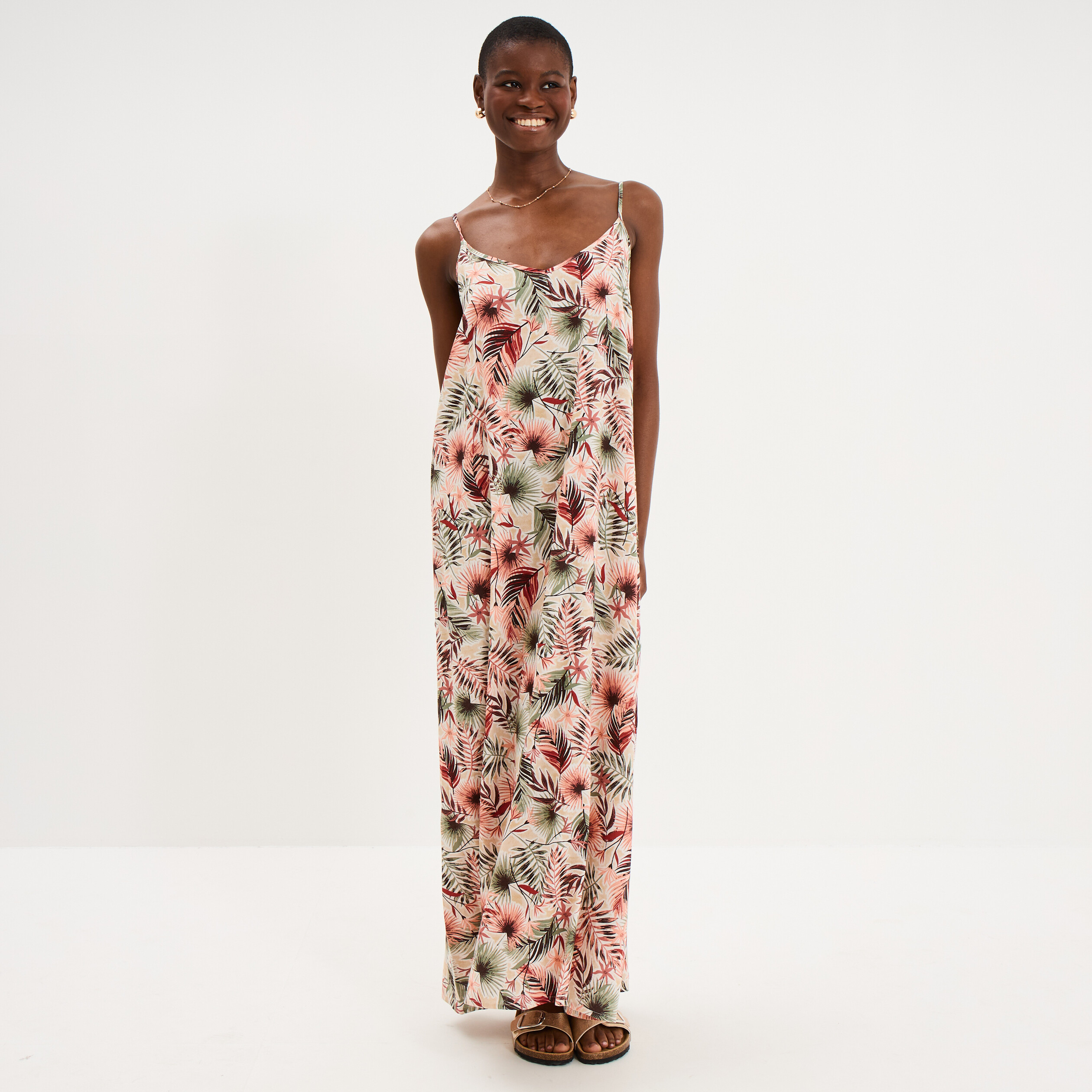 Robe longue droite fluide &agrave; bretelles vert kaki femme