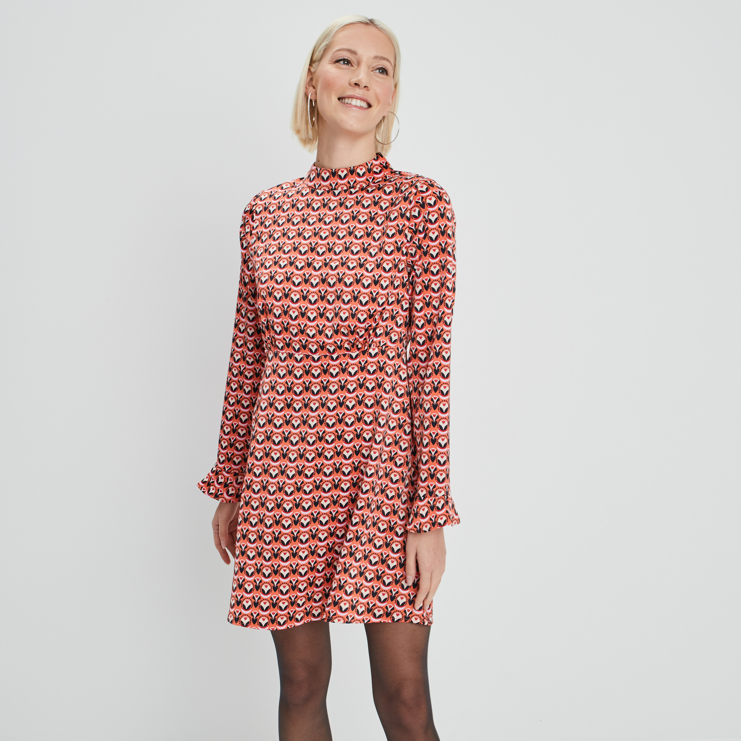 robe trapeze col montant orange corail femme Robe trapèze col montant orange corail femme
