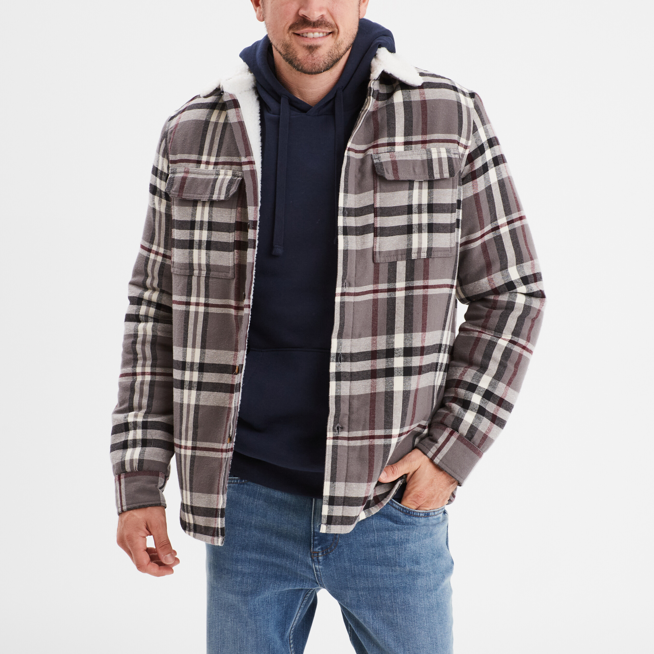 Surchemise carreaux doubl&eacute;e effet sherpa prune homme