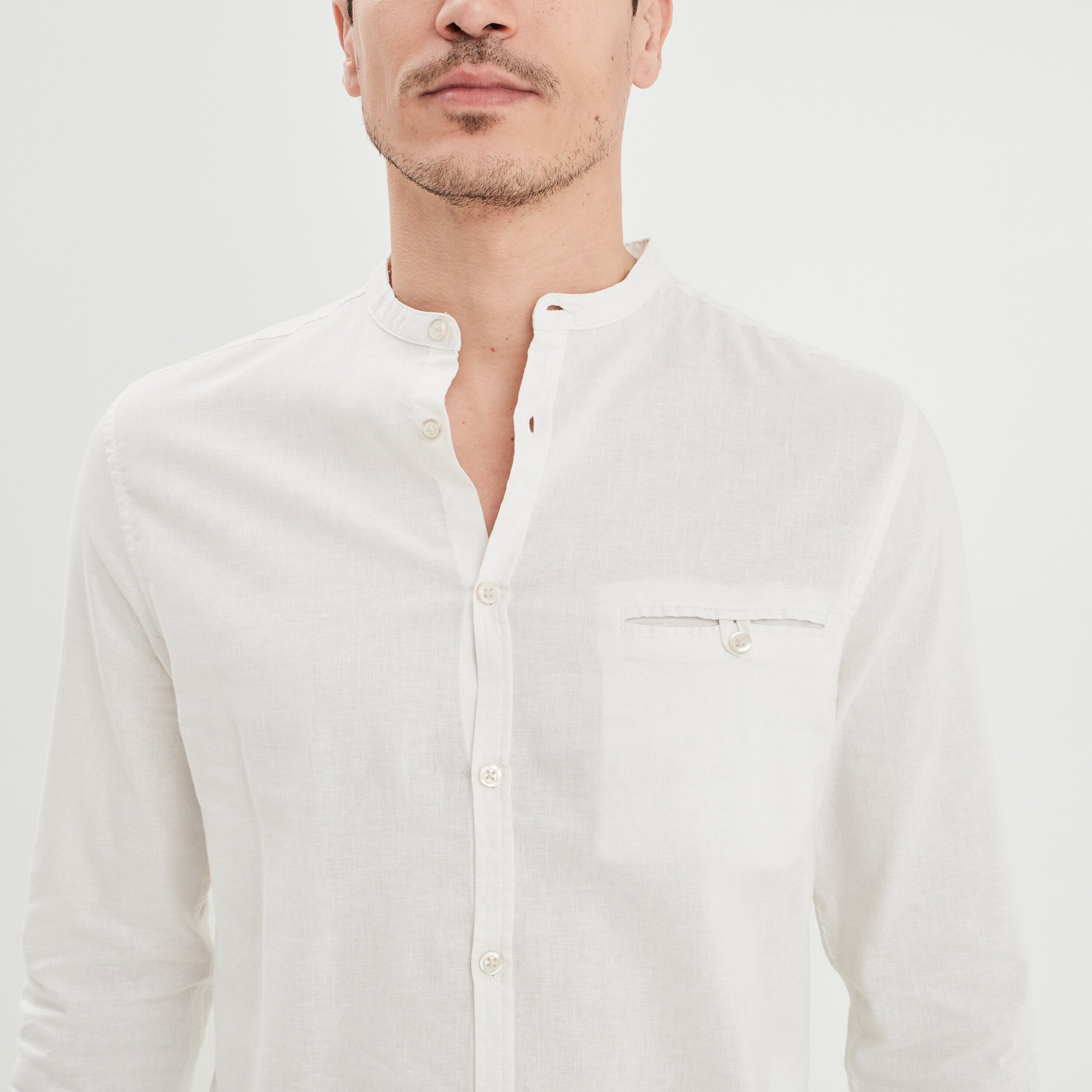 chemise col mao lin melange blanc homme Chemise col mao lin mélangé blanc homme