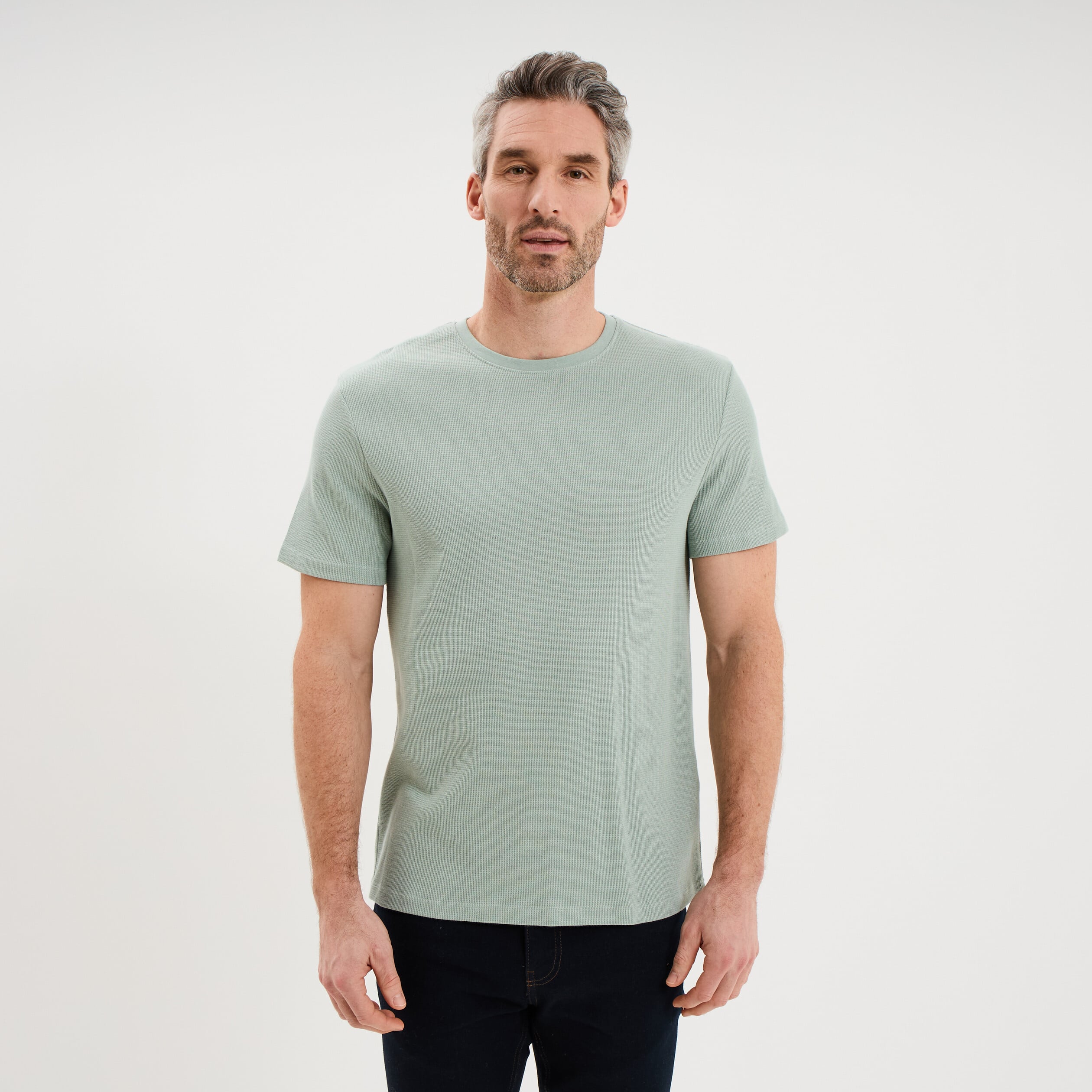 T-shirt textur&eacute; droit col rond coton vert pastel homme