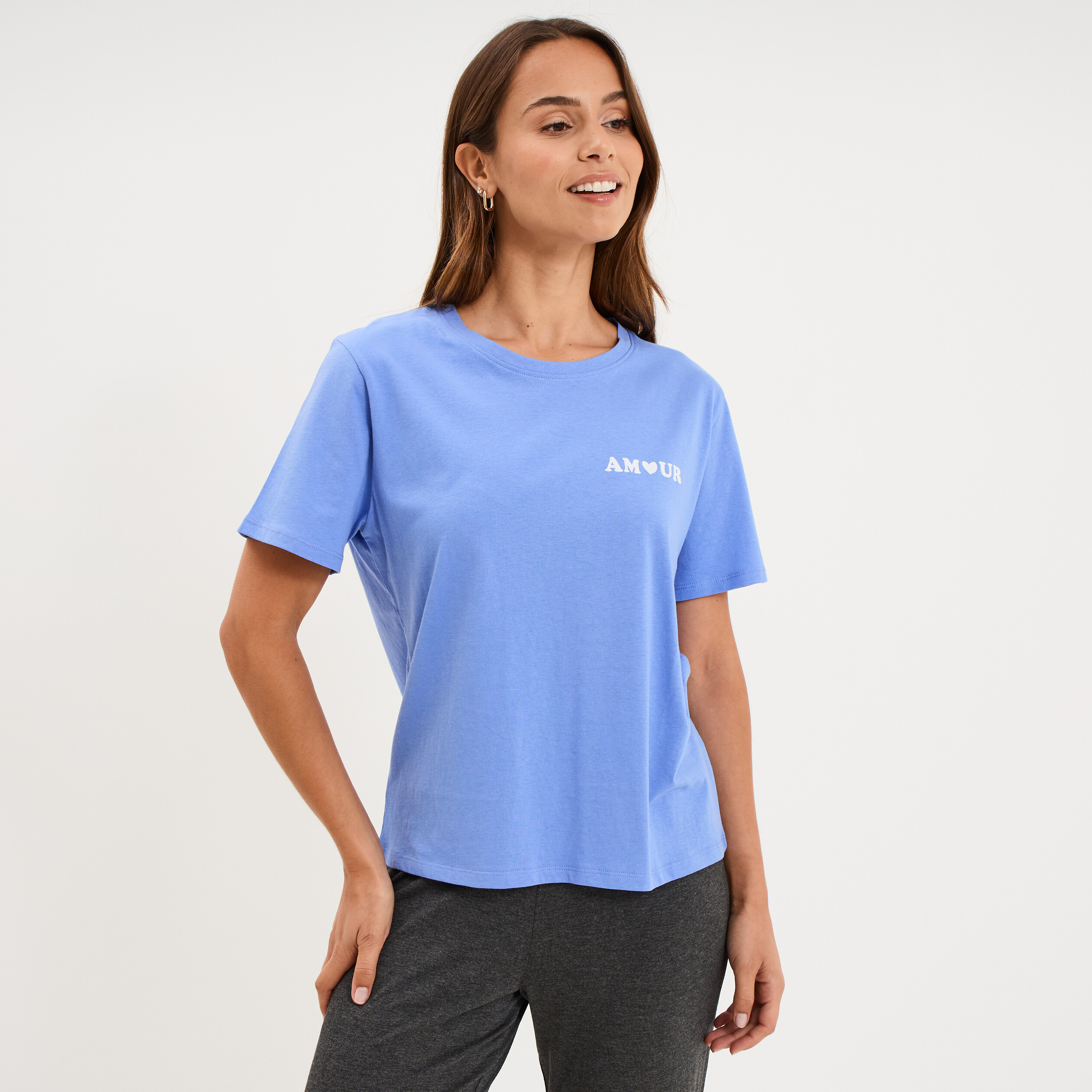 T-shirt col rond manches courtes coton bleu lavande femme