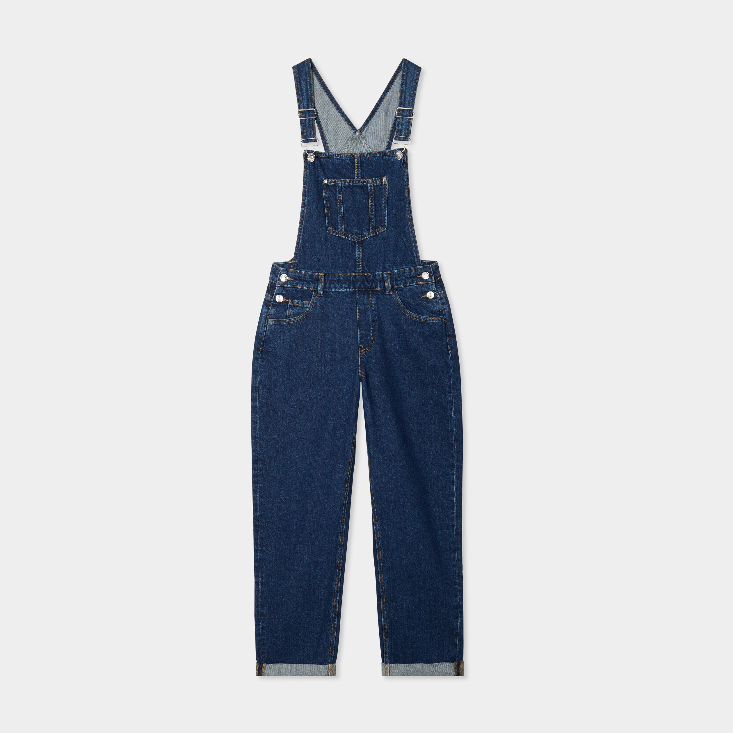 salopette en jean mom boutonnee bleu fonce femme Salopette en jean mom boutonnée bleu foncé femme