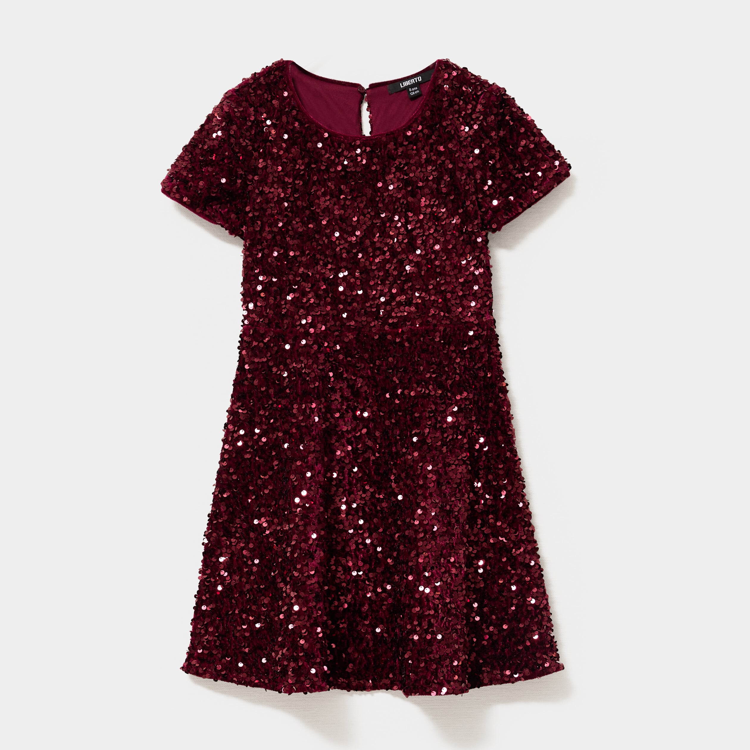 Robe trap&egrave;ze &agrave; sequins manches courtes bordeaux fille