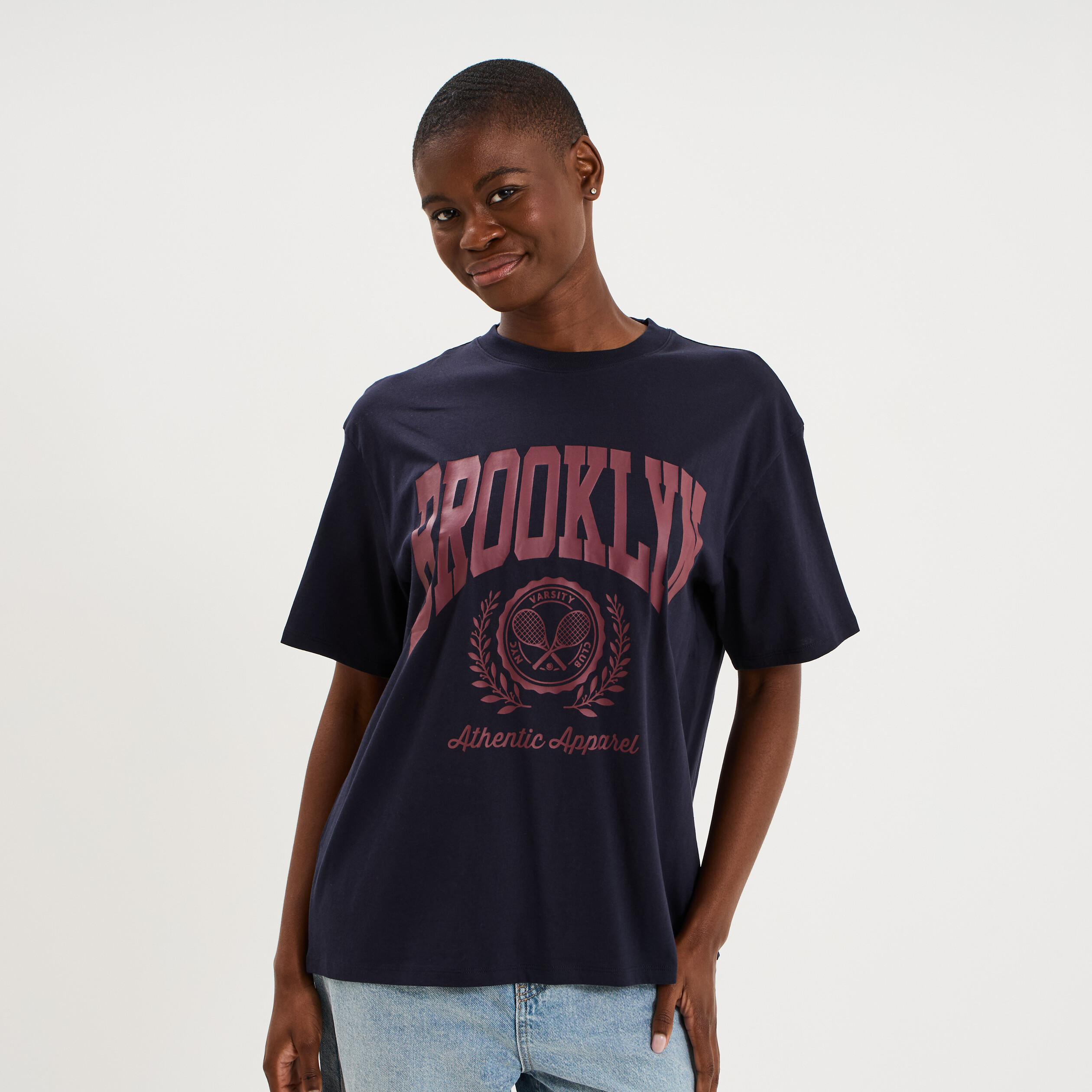T-shirt oversize manches courtes coton bleu fonc&eacute; femme
