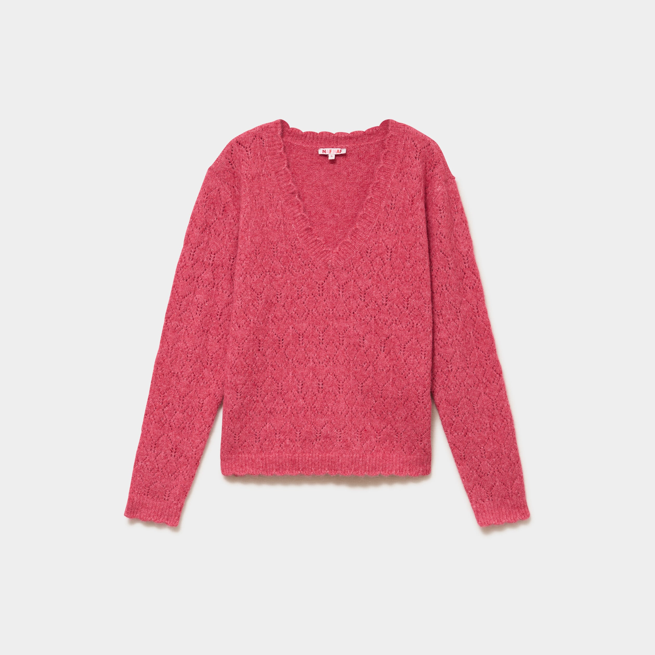 Pull col V ajour&eacute; manches longues rose cerise femme