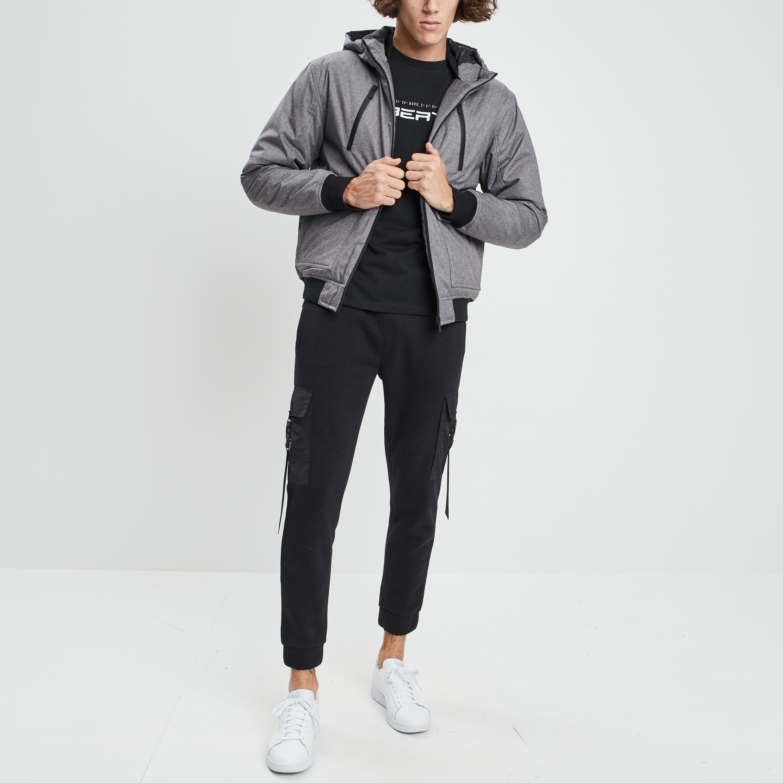 blouson droit a capuche gris homme Blouson droit à capuche gris homme