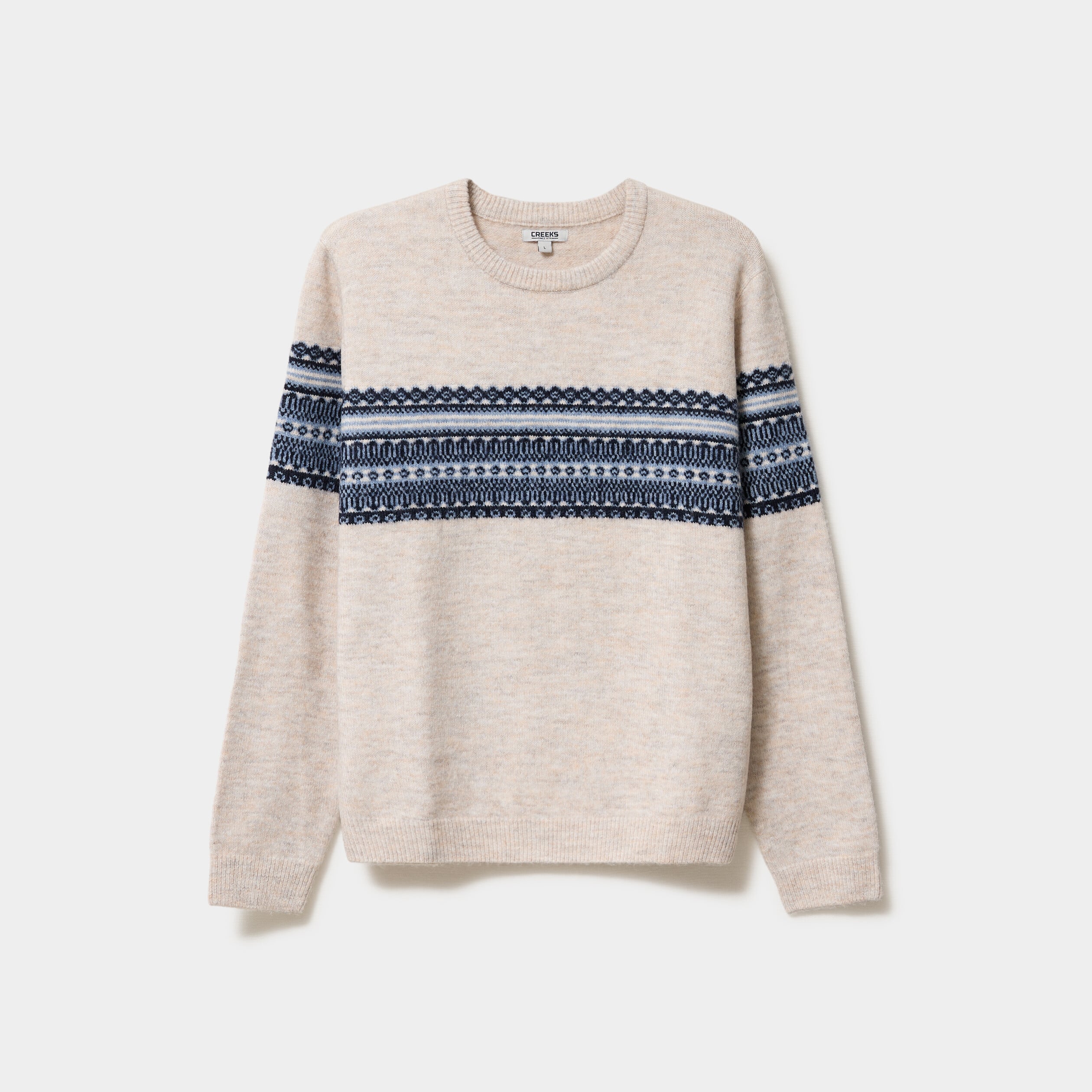 Pull jacquard col rond manches longues beige homme
