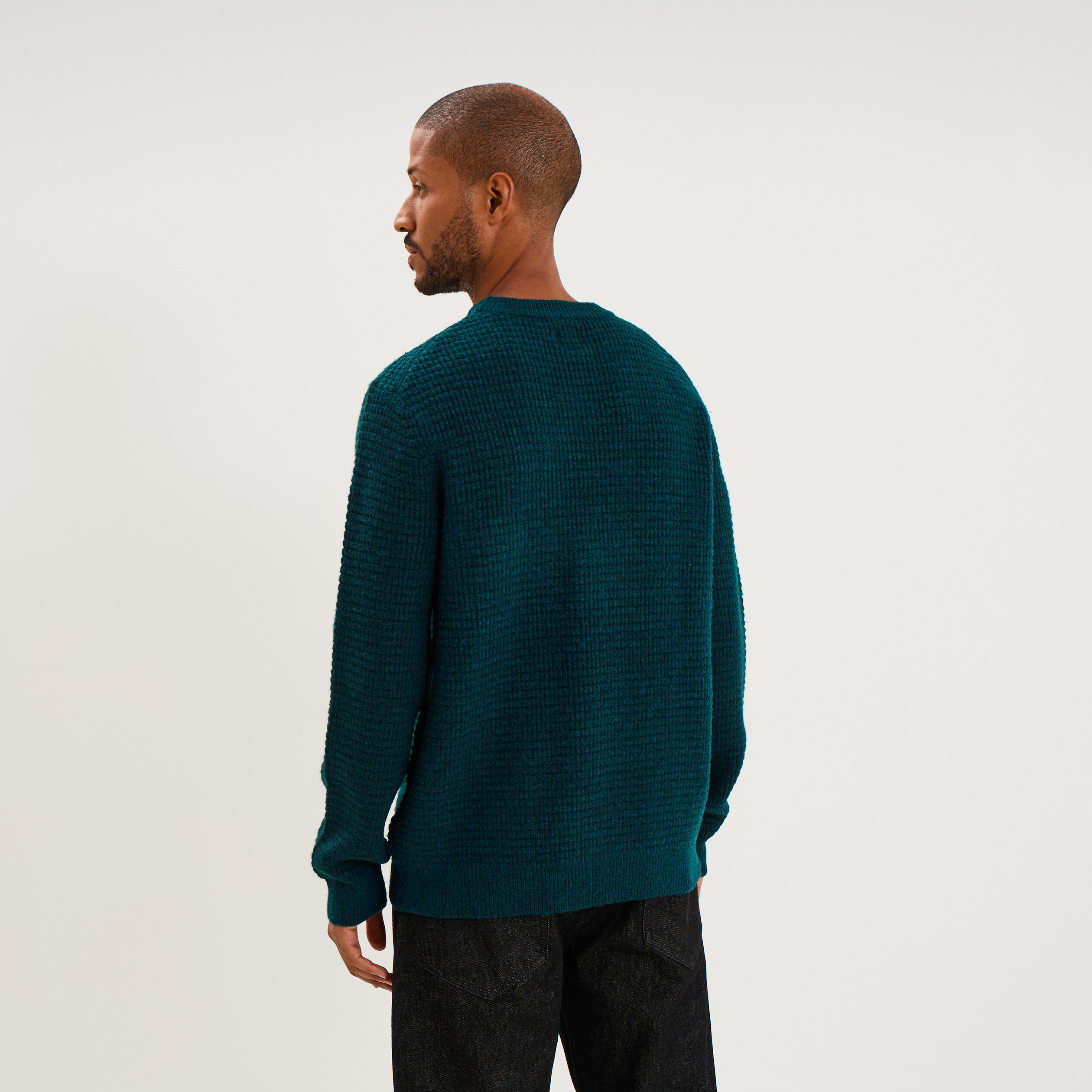 Pull col rond manches longues bleu canard homme